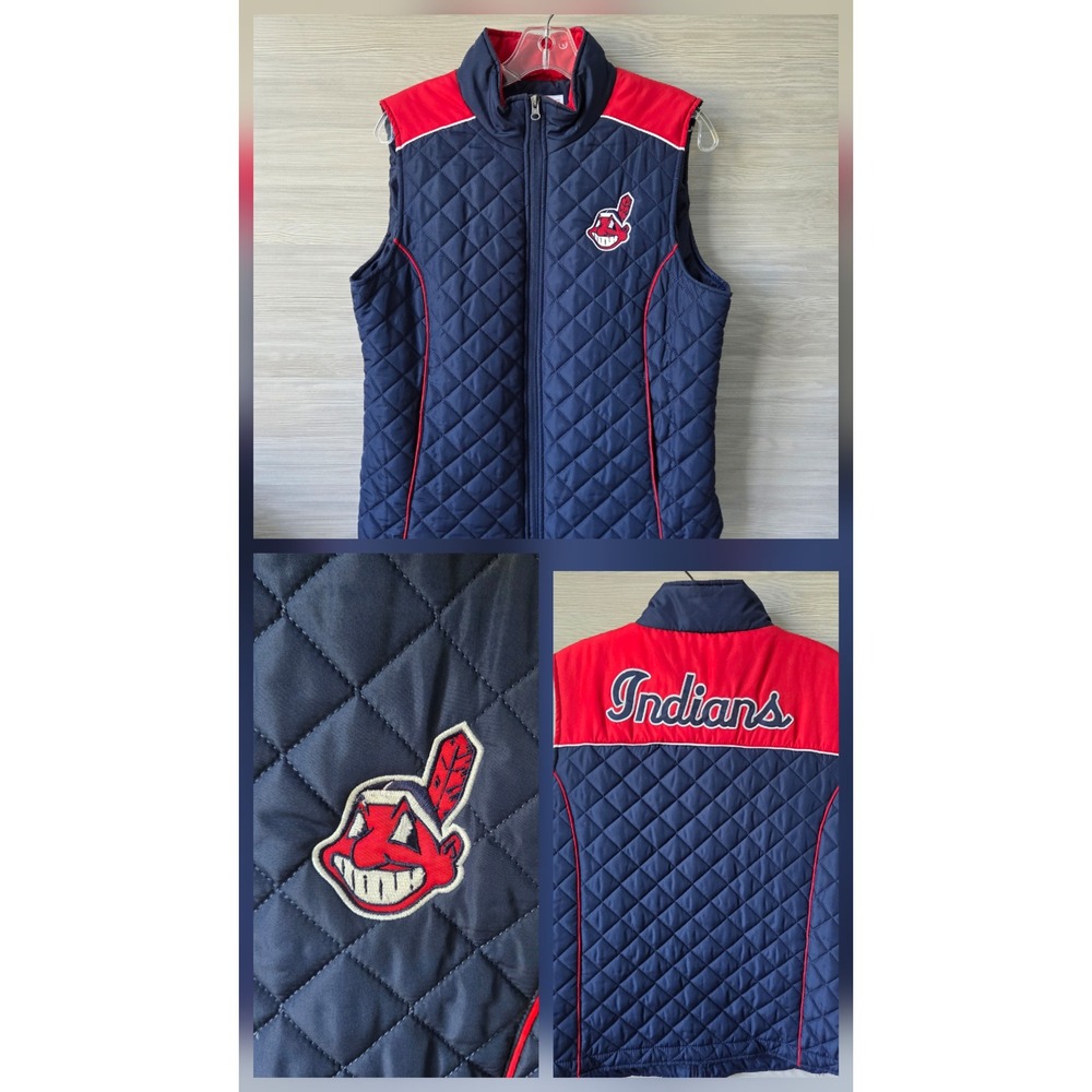 G-III Cleveland Indians Quilted Vest Womens L Navy Blue Vintage Chief Wahoo Logo
